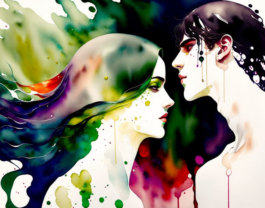 Colorful Watercolor Illustration of Man and Woman in Profile with Ink Splatters