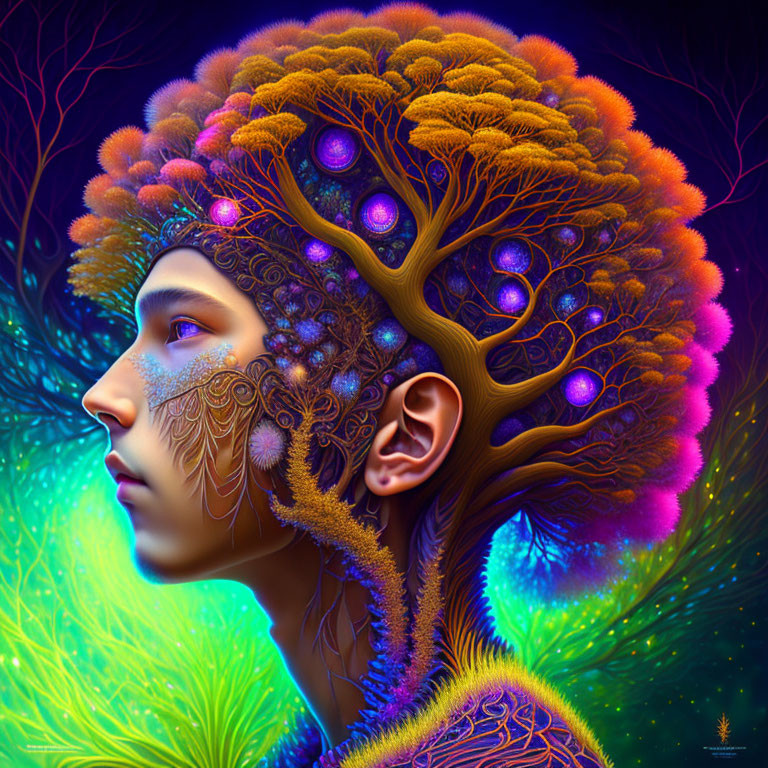 Colorful digital artwork: Person with tree headpiece and glowing orbs on neon background
