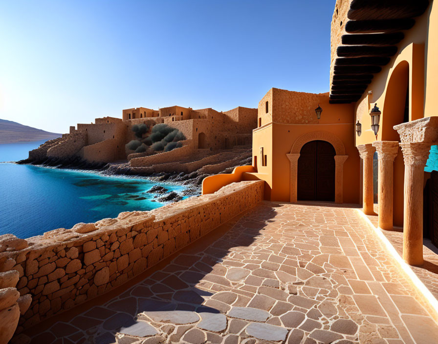 Traditional terracotta buildings by cobblestone pathway overlooking serene blue sea.