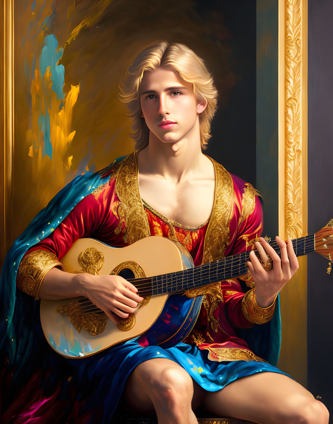 Blonde musician playing guitar in ornate robe