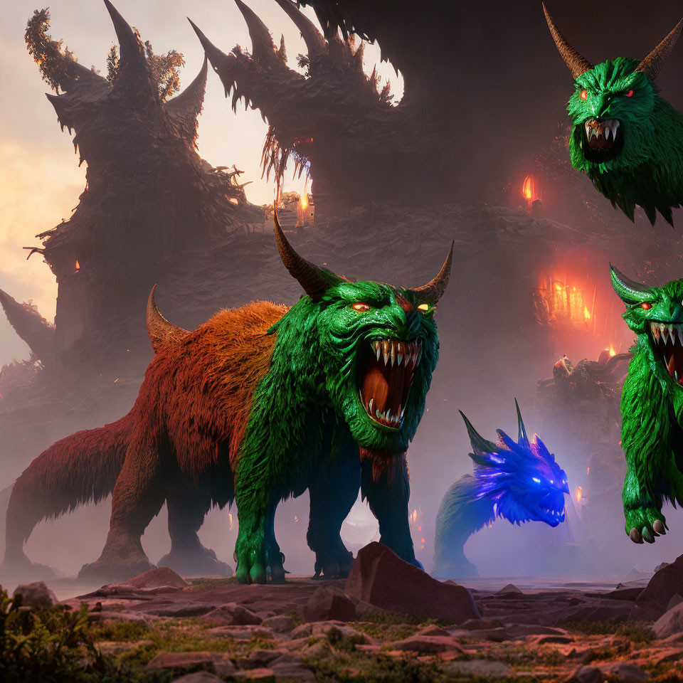 Three green fur mythical beasts with sharp horns in dark landscape