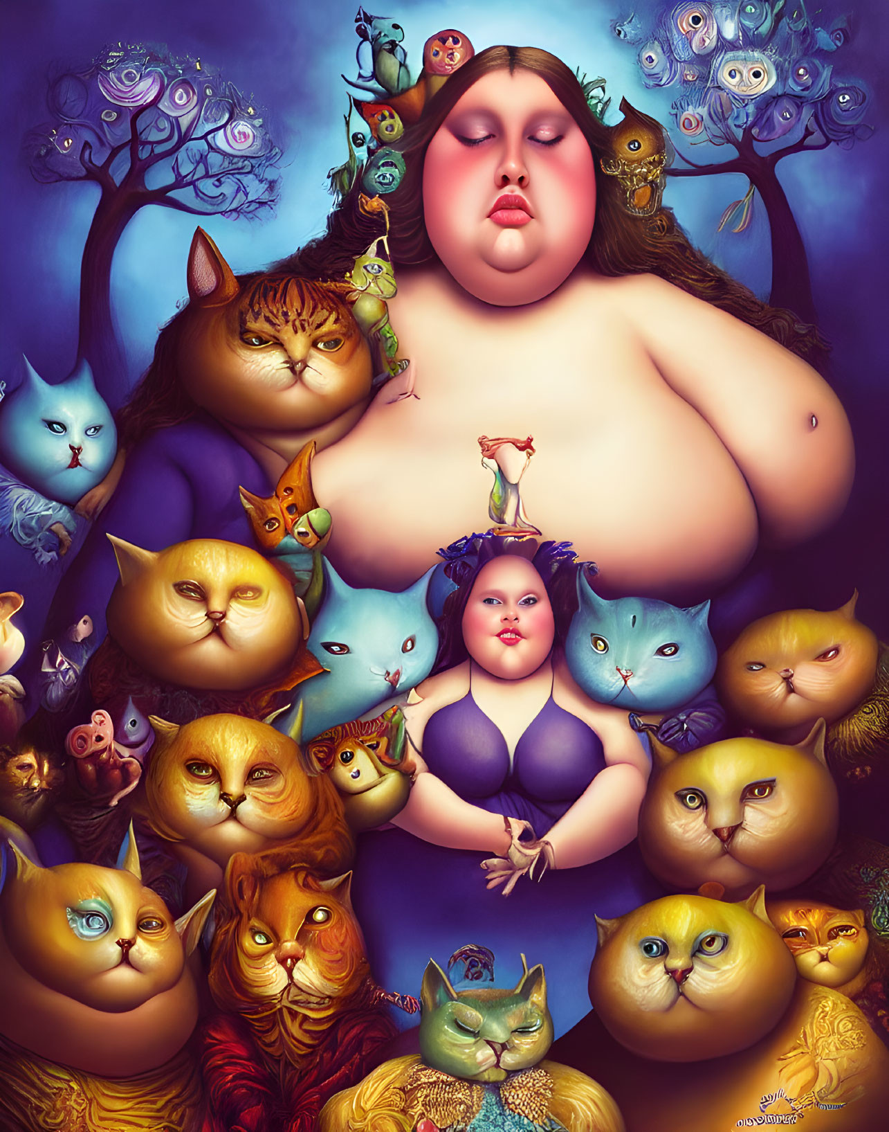 Colorful surreal art: Woman with expressive cats in whimsical setting