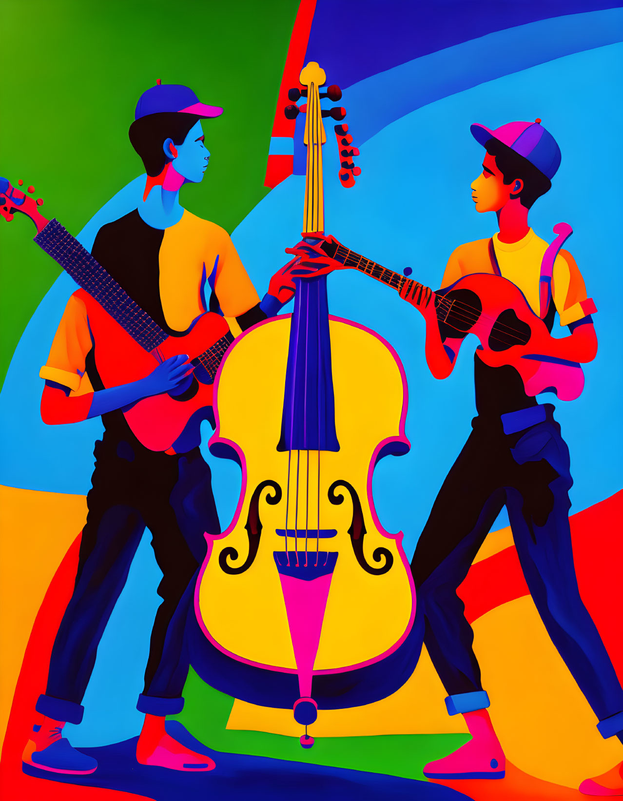 Stylized figures with musical instruments on vibrant background