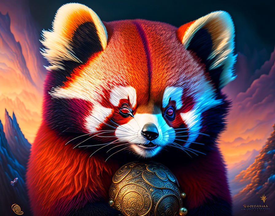 Detailed Red Panda Artwork with Decorative Orb and Dramatic Cloud Background