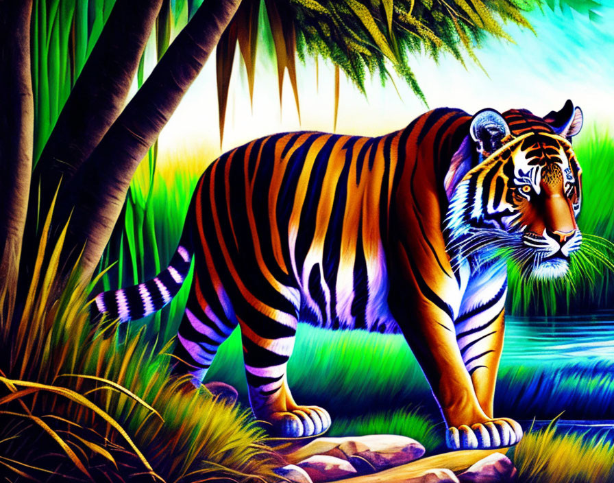 Colorful Tiger Walking in Lush Jungle Scene