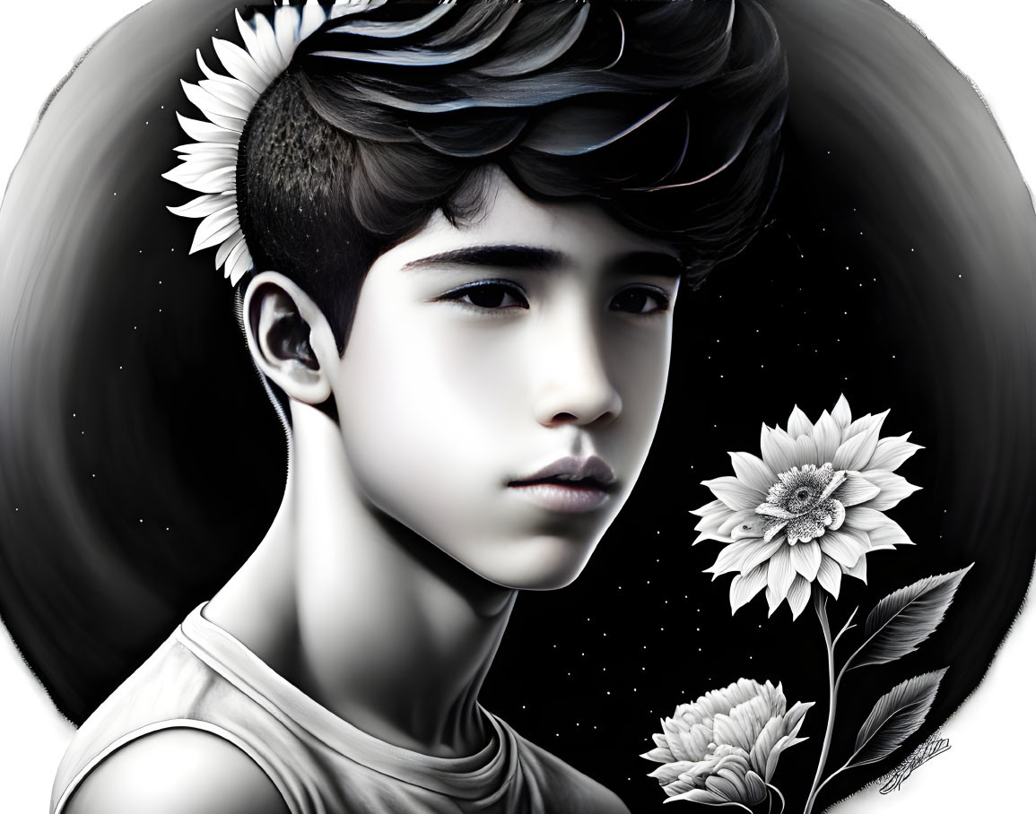 Monochrome digital art of young person with dark hair and white flowers, cosmic background