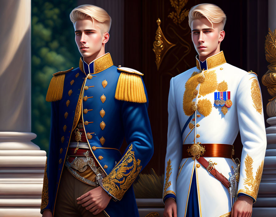 Stylized animated male figures in ornate military uniforms with gold embroidery and medals