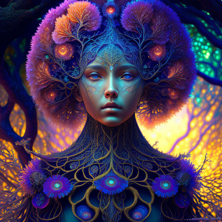 Vibrant fantasy portrait of female figure with tree-like features