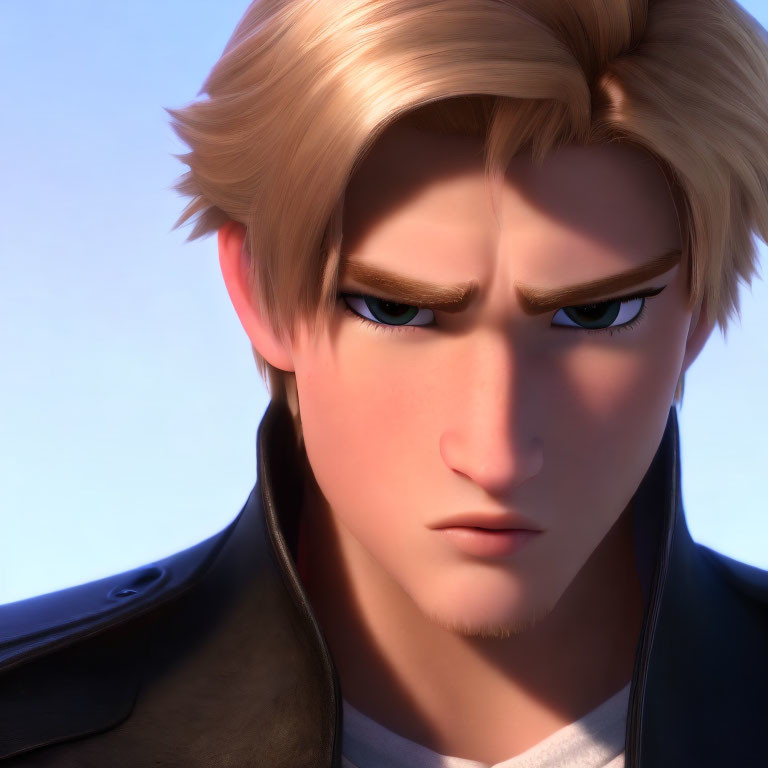 Blond-Haired 3D Animated Character in Leather Jacket with Serious Expression