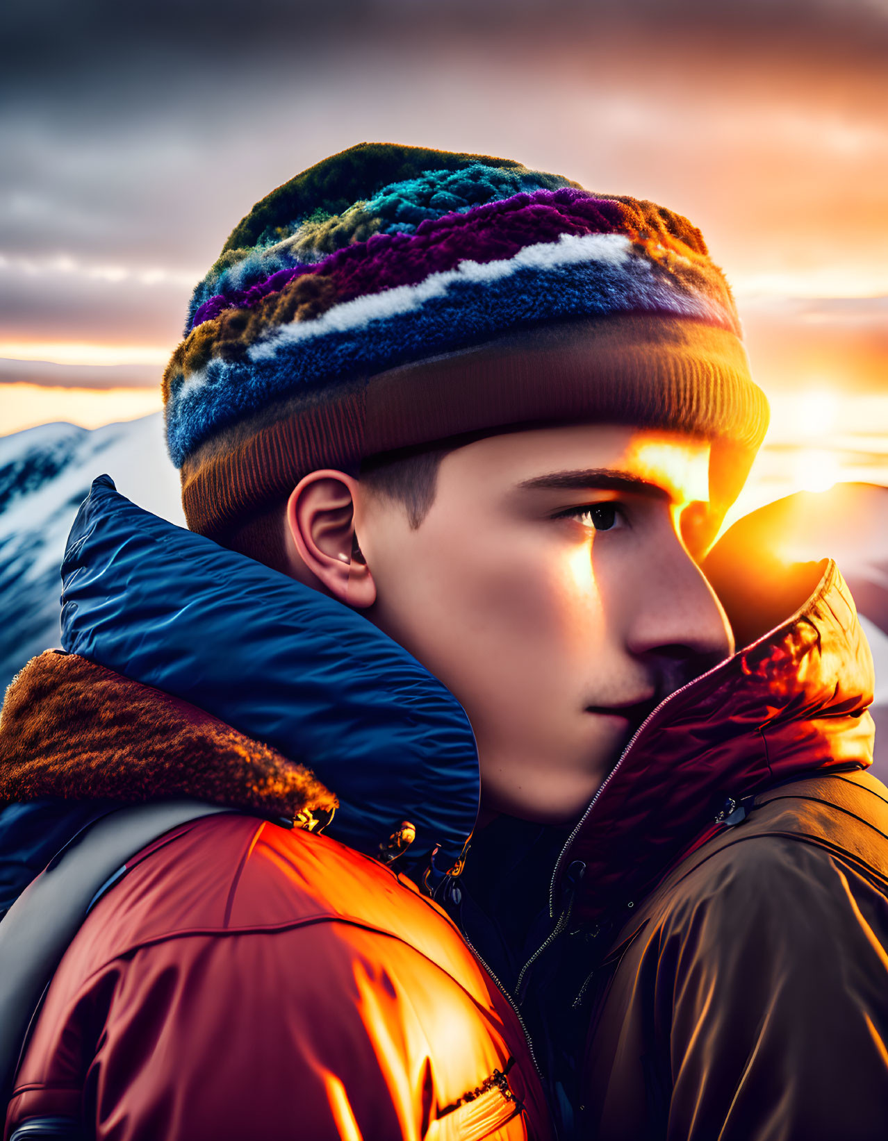 Person in Colorful Knit Cap & Winter Jacket at Sunset