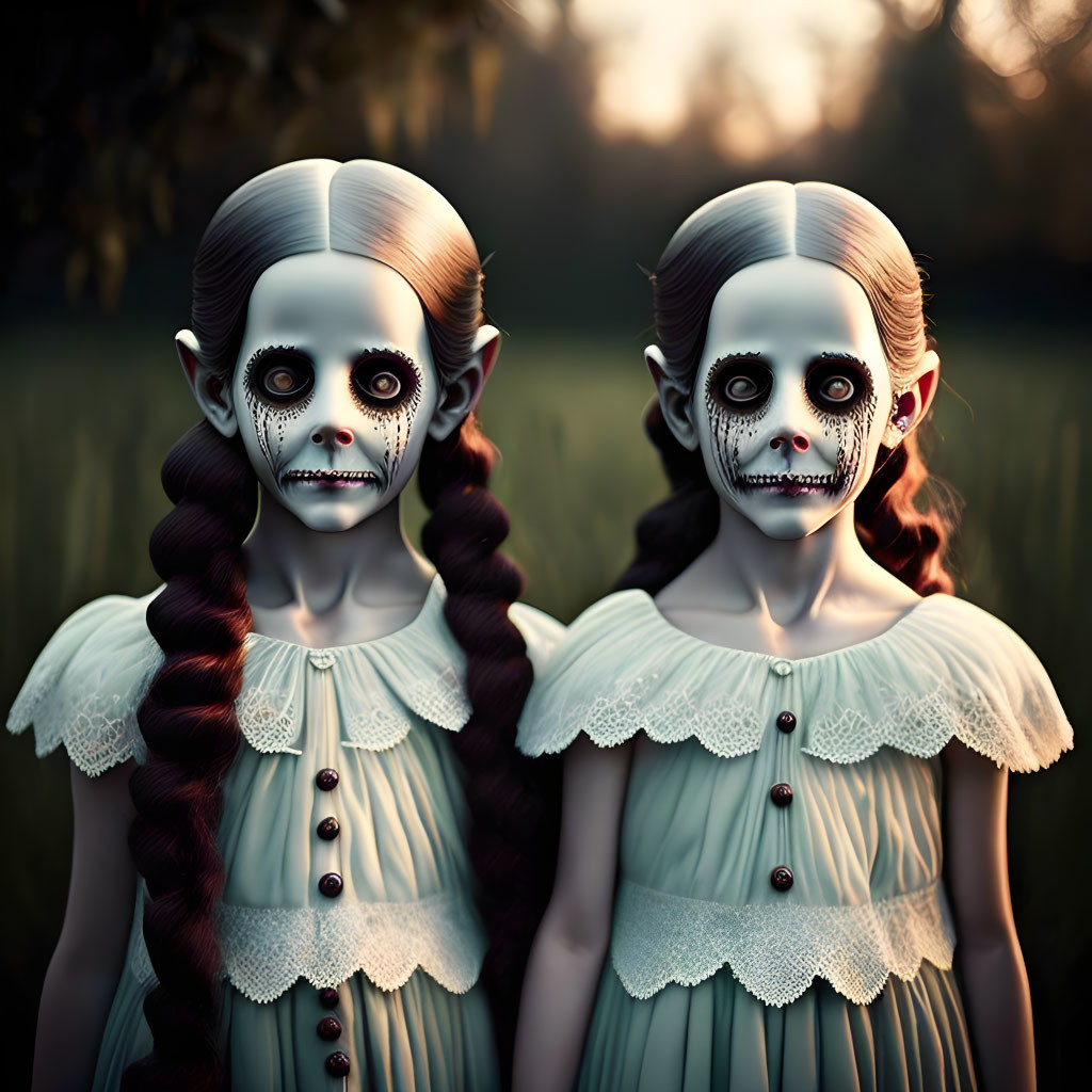 Two girls in skeletal face paint and vintage dresses in dimly lit outdoor scene