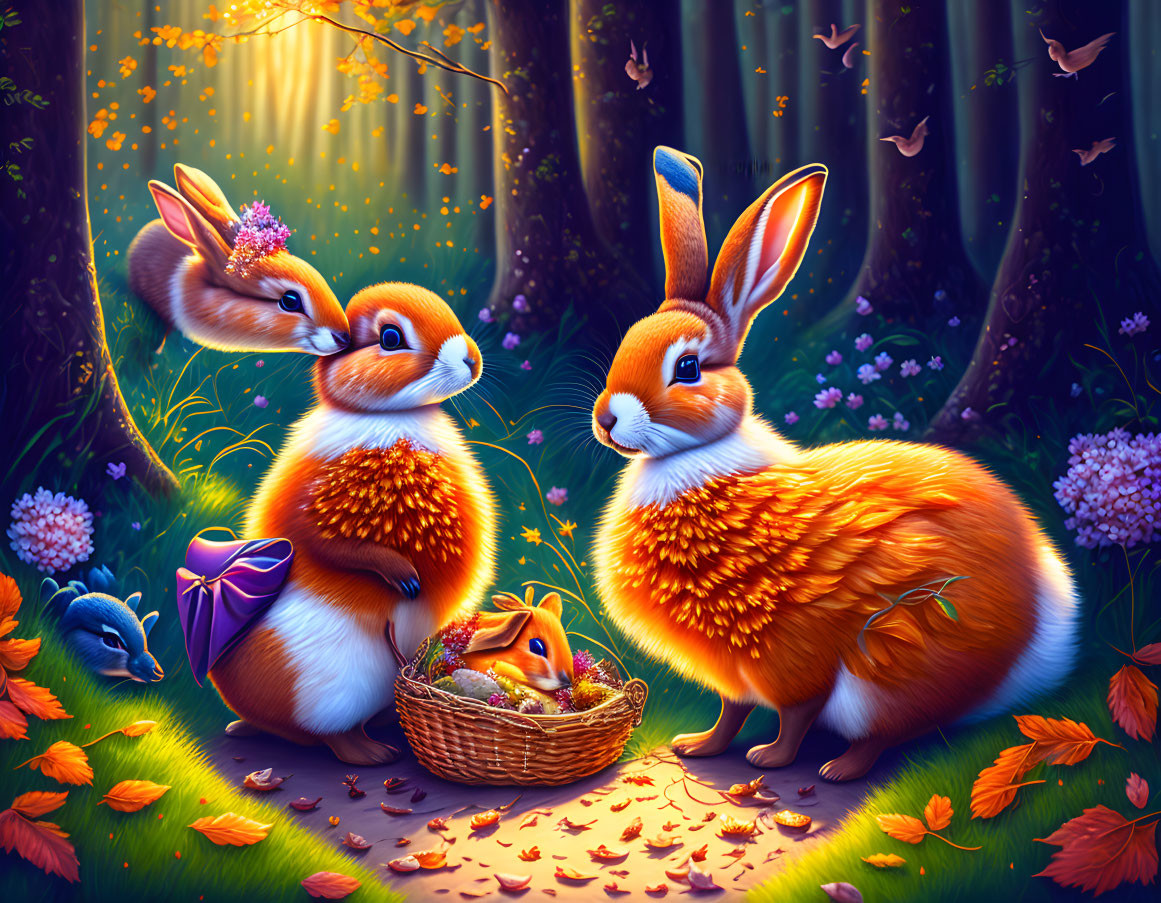 Colorful rabbits in enchanted forest with butterflies, mouse, nest, and radiant lighting