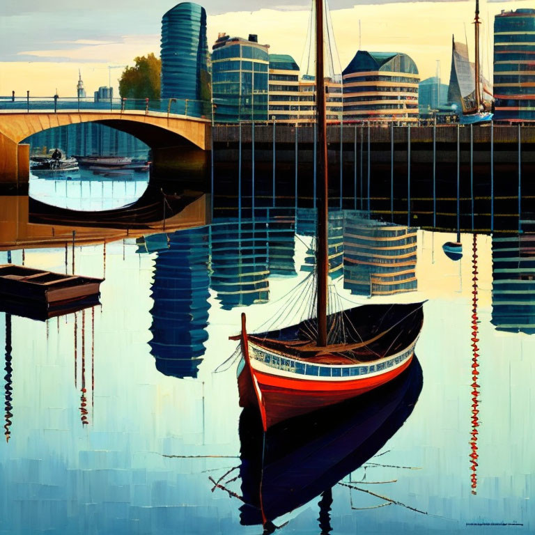 Scenic painting of calm river with sailboat and modern cityscape