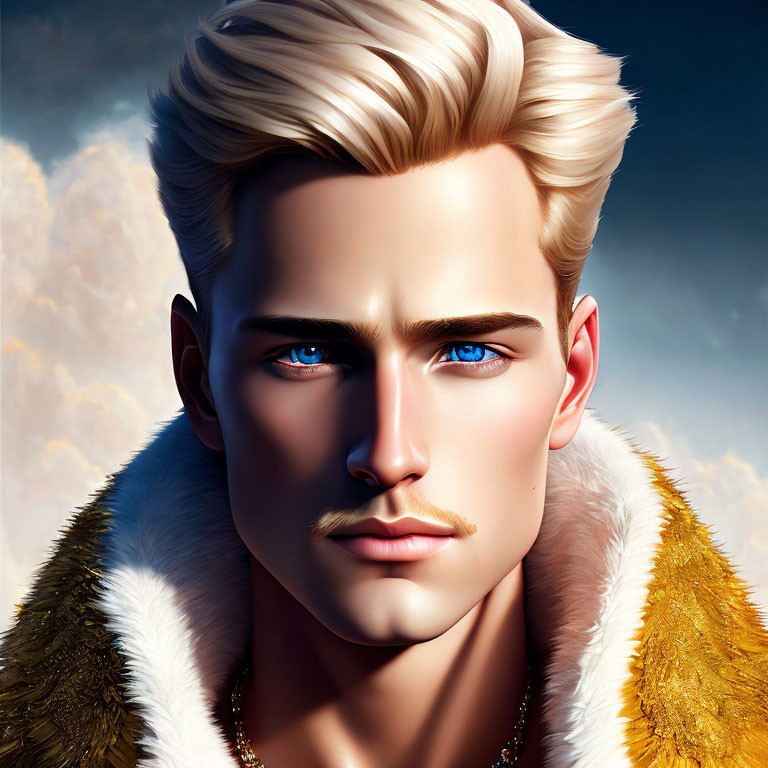Portrait of a man with blue eyes, blond hair, and mustache in fur coat under clear sky