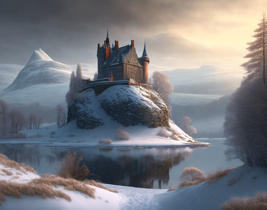 Snowy hill castle at twilight with glowing windows reflected in lake