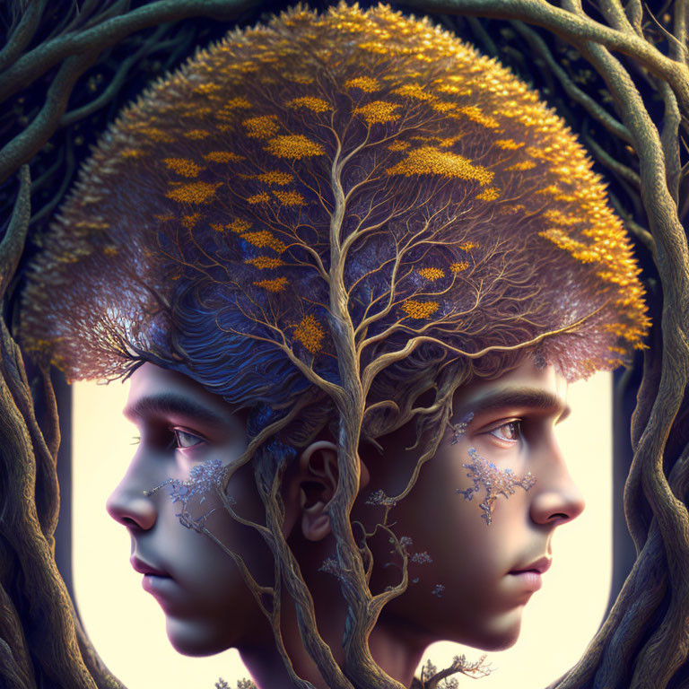 Surreal illustration of entwined profiles with tree roots and golden leaf crown