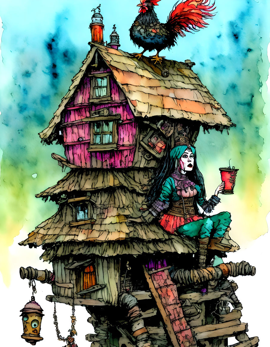 Whimsical illustration of crooked wooden house with rooster and character with green hair.