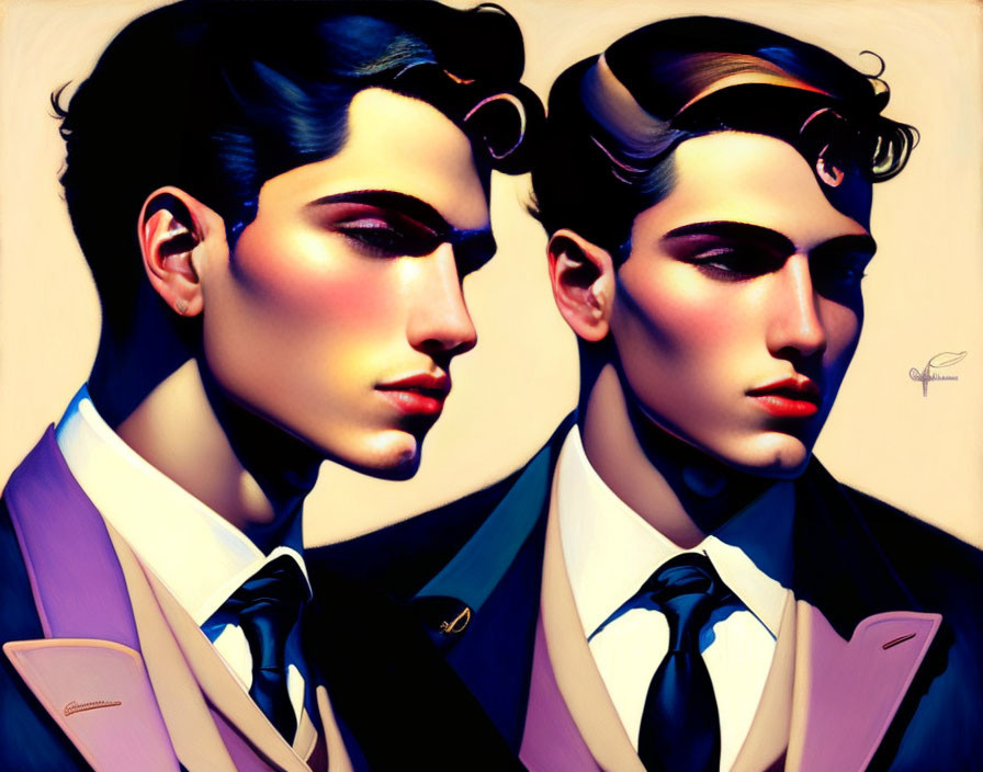 Stylized men in suits with slicked-back hair and blue ties