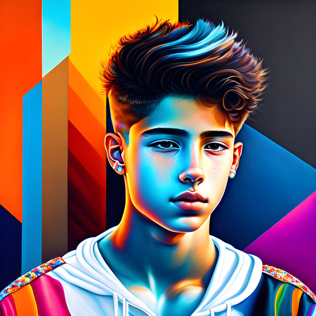 Stylized young male in modern hairstyle on vibrant geometric background