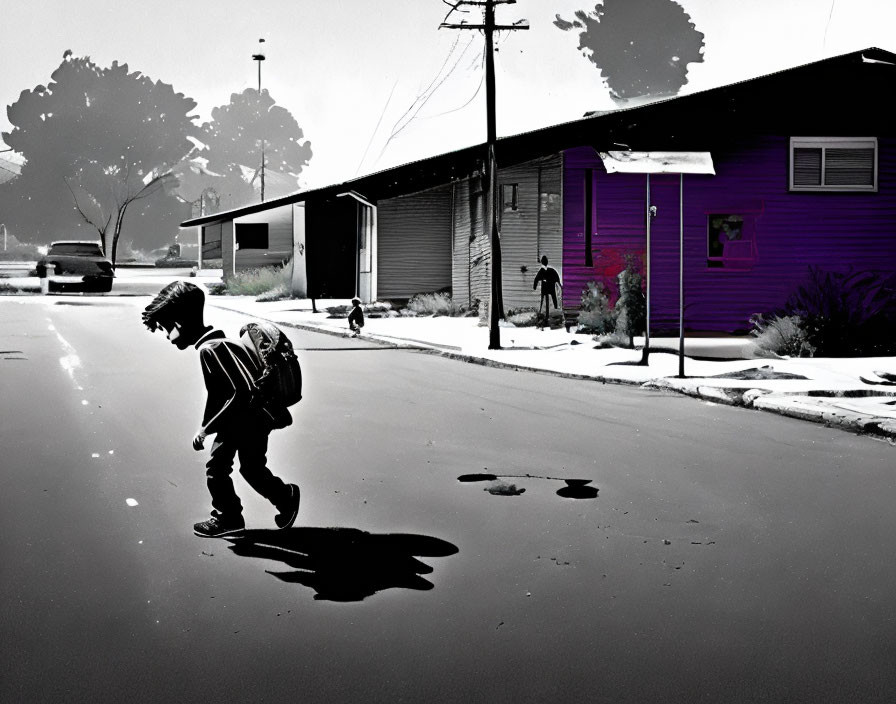 Child with backpack walking on suburban street with surreal purple house and monochrome background.