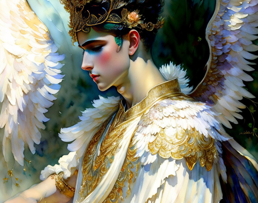 Profile View of Angelic Figure with White Feathered Wings and Golden Crown