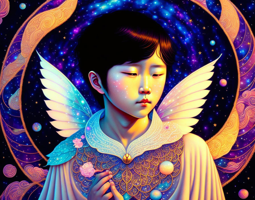 Child with wings in cosmic setting holding a flower surrounded by stars