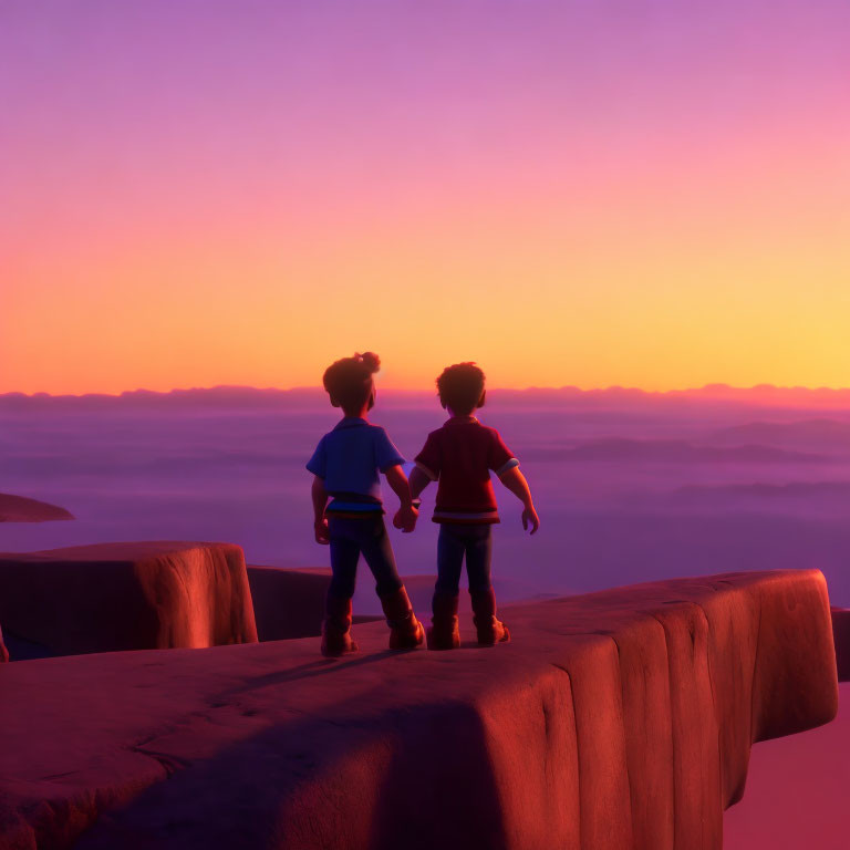 Animated characters on cliff with surreal purple and orange sunset