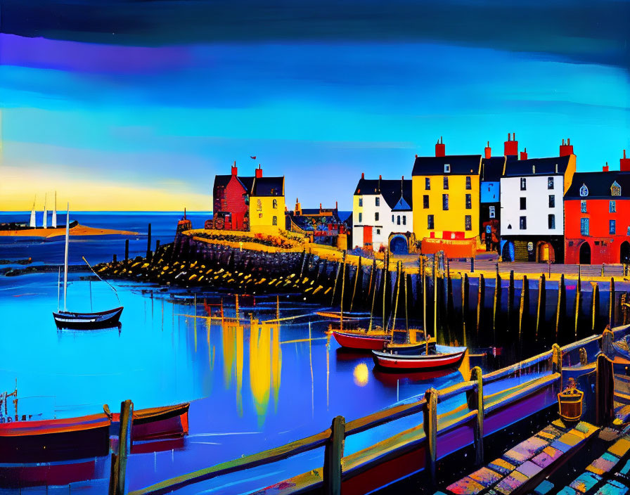 Colorful Coastal Village Painting with Boats and Twilight Sky