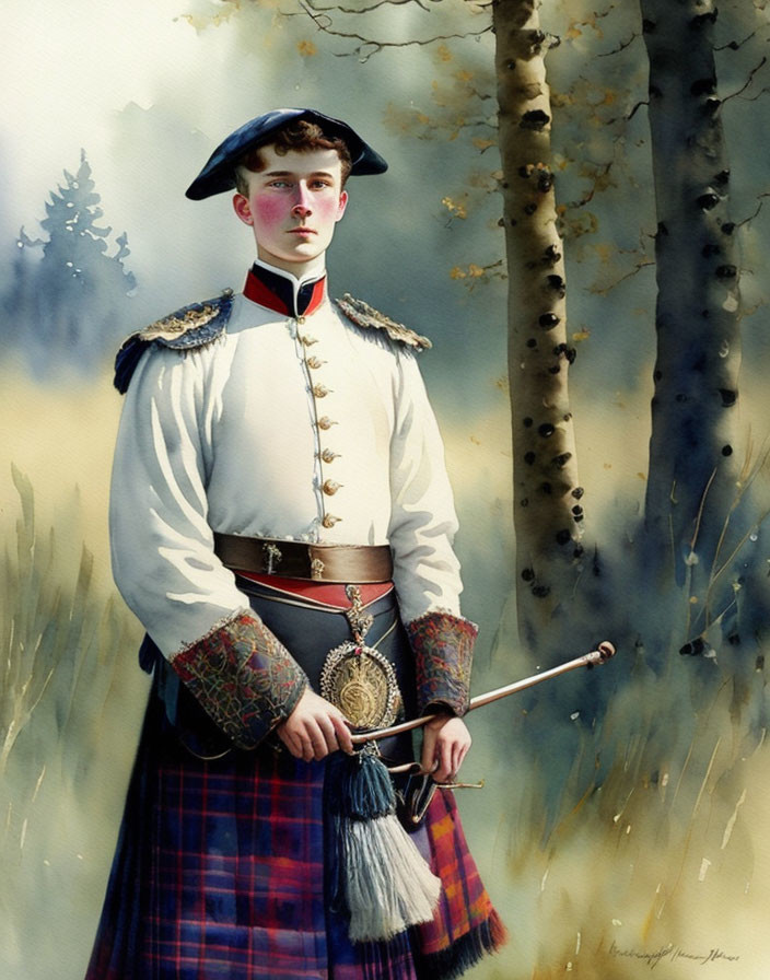 Traditional Scottish Highland Dress Painting with Young Man, Kilt, Sporran, Bagpipe