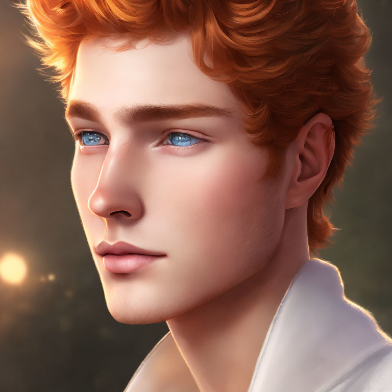 Young man with red curly hair and blue eyes in digital art