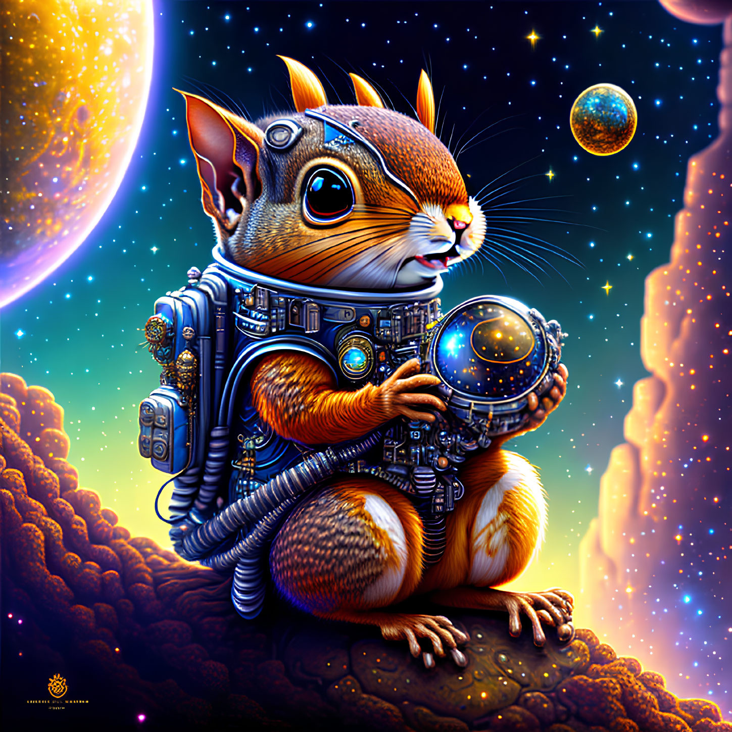Anthropomorphic squirrel in detailed space suit with cosmic backdrop.