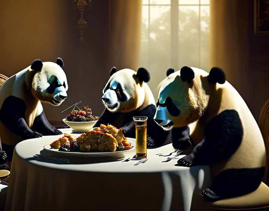 Three pandas at dinner table with food and glass, in warm sunlight.