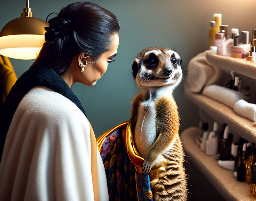Woman and meerkat reflection with cosmetics on counter and warm light