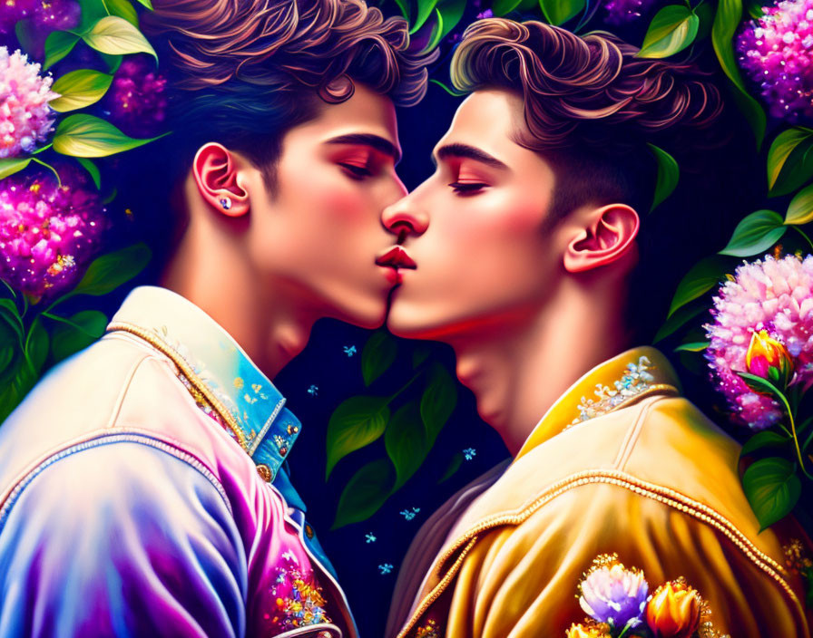 Stylized men kissing surrounded by vibrant flowers and modern-fantastical details