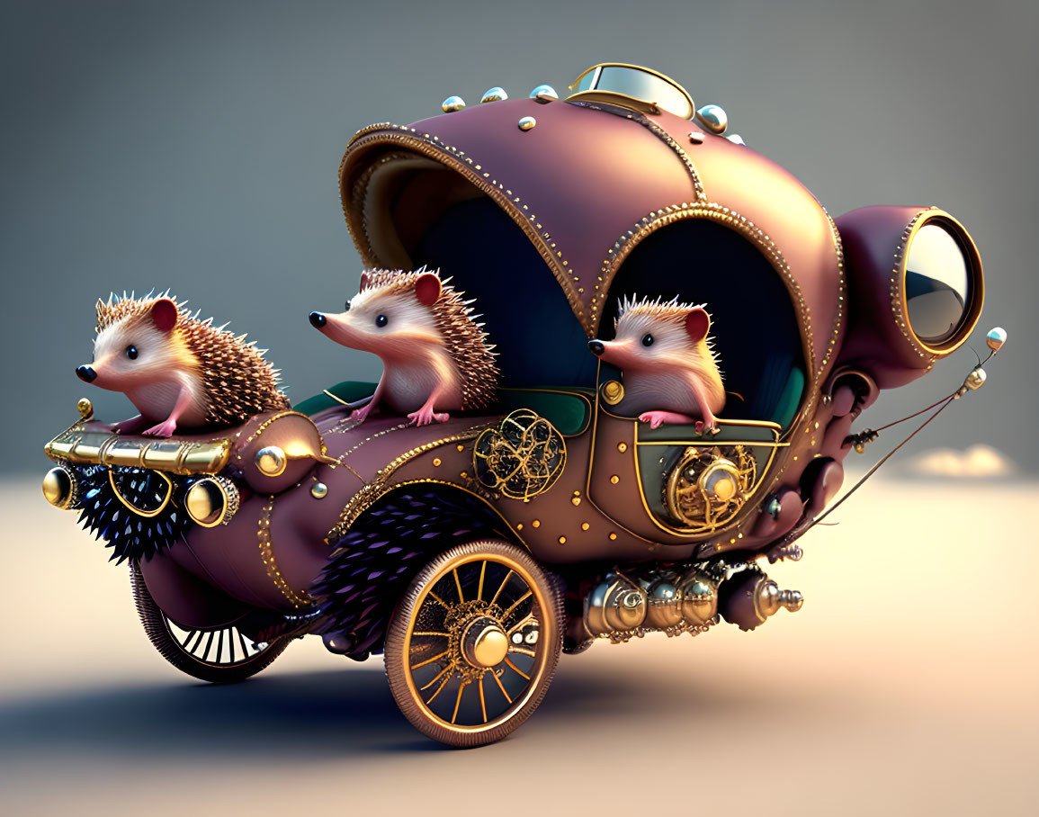 Three hedgehogs in steampunk-style carriage with brass detailing