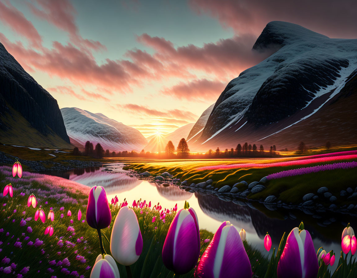 Scenic sunset over river valley with mountains and tulips