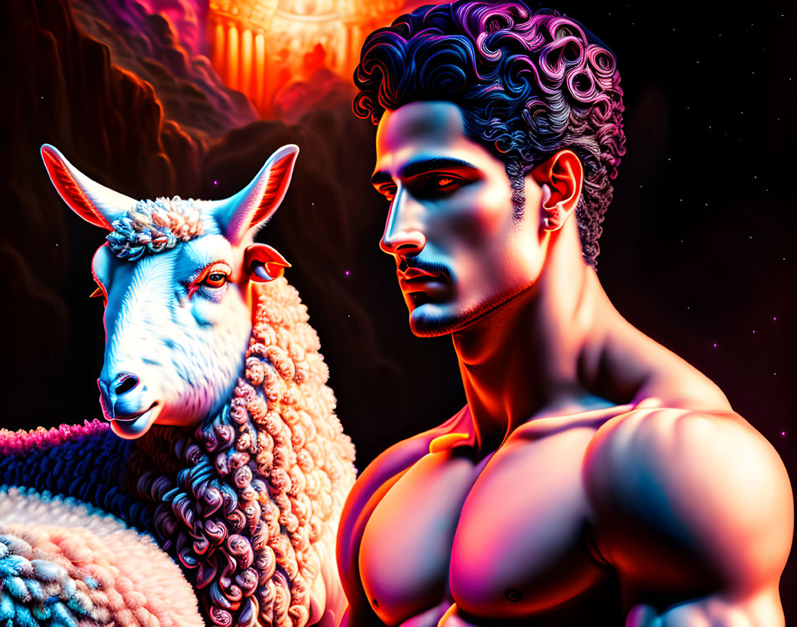 Colorful digital artwork: Muscular man and ram in cosmic setting.