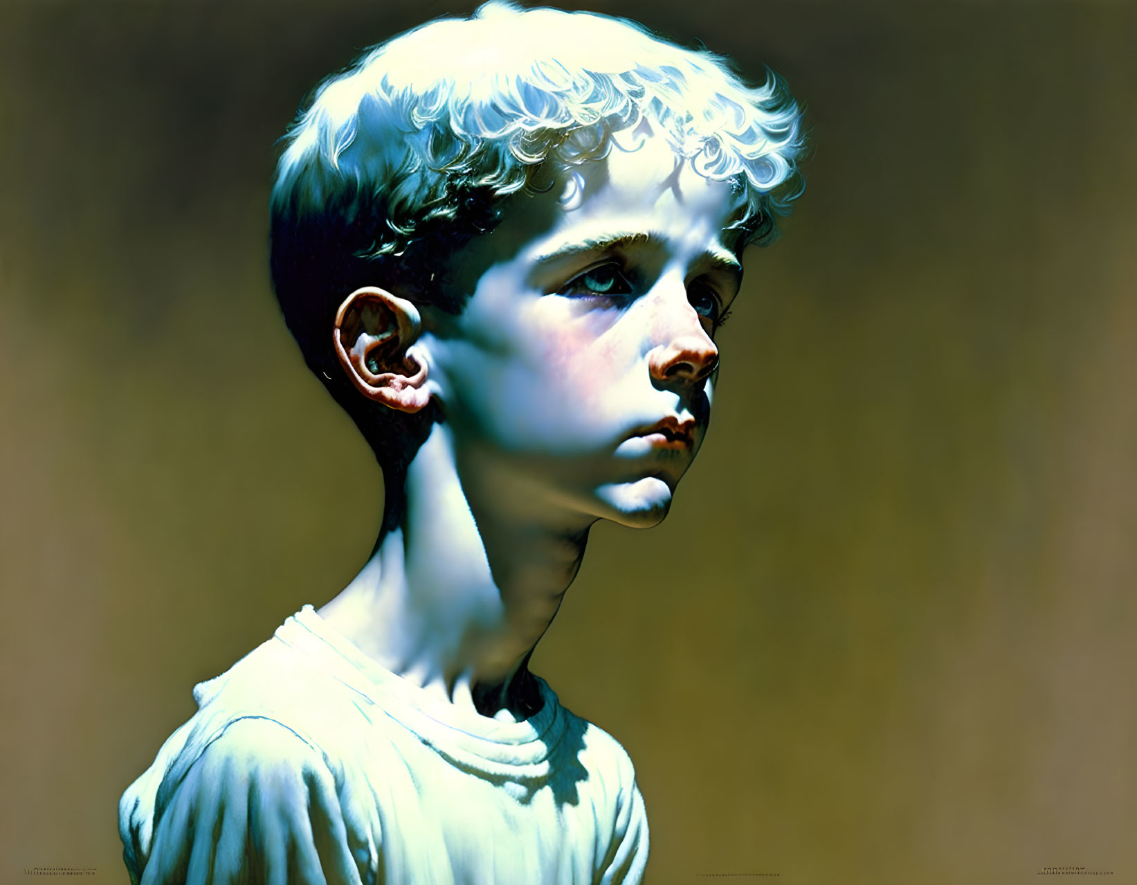 Young boy portrait with curly blond hair and contemplative expression on dark background
