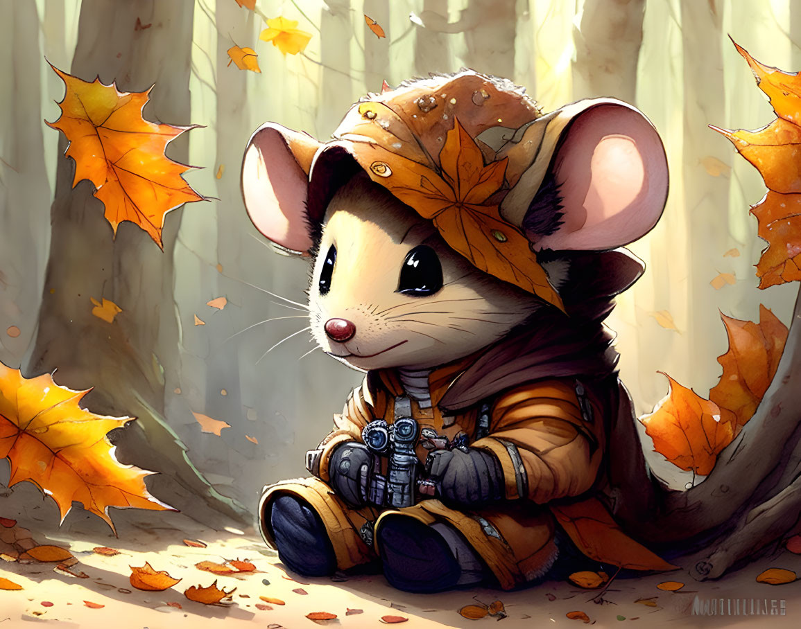 Anthropomorphic mouse in brown jacket with leaf hat holding binoculars in autumn forest