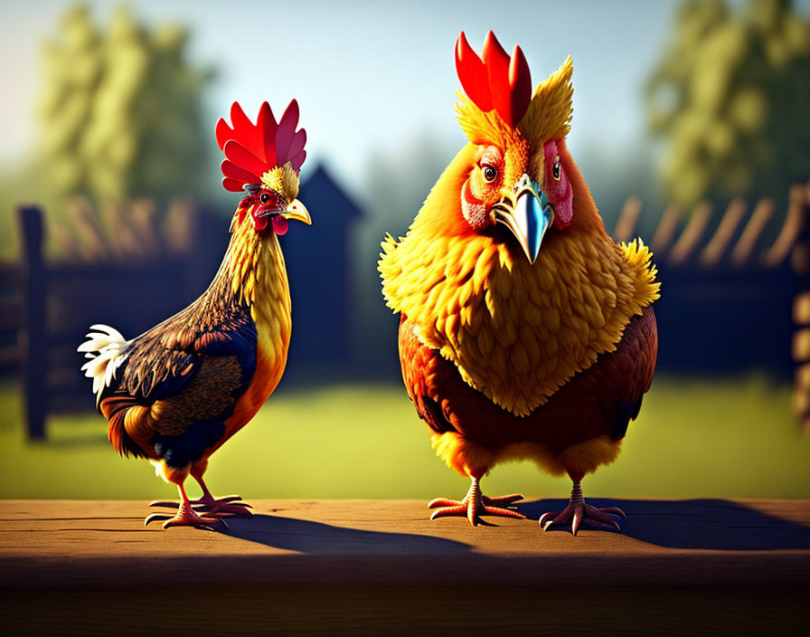 Stylized cartoon chickens with red comb in sunny farmyard