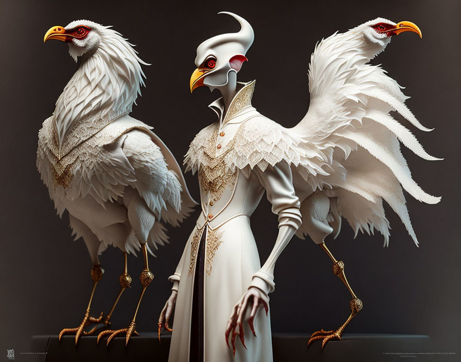 Regal anthropomorphic birds in white feathers with red and gold accents