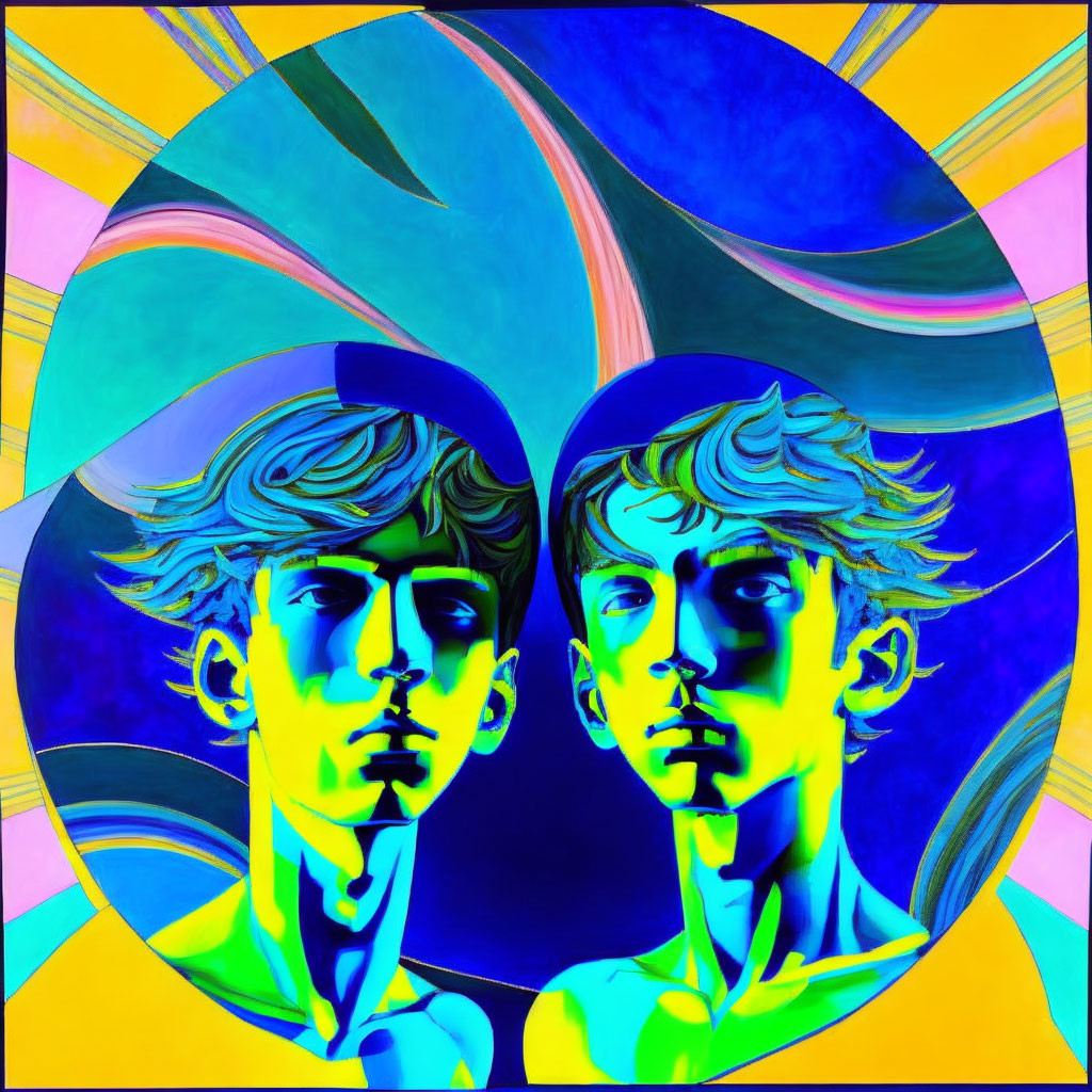 Abstract Art: Symmetrical Male Faces in Blue and Yellow Hues