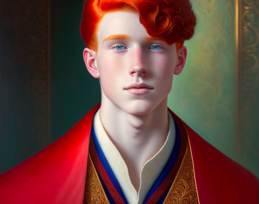 Vibrant red-haired young man in regal blue and red cloak