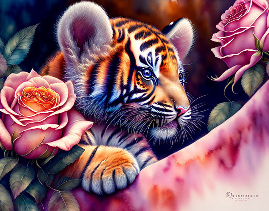 Detailed Tiger Cub Among Blooming Roses Illustration