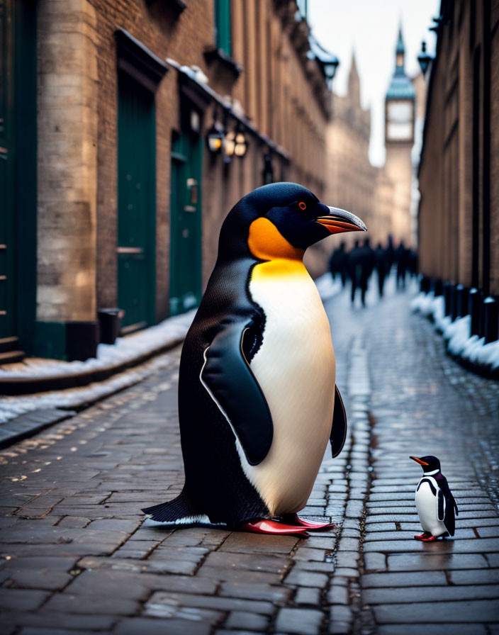 Inflatable and toy penguins on cobbled street