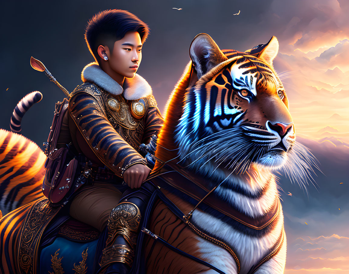 Young warrior on majestic tiger in ornate armor under twilight sky