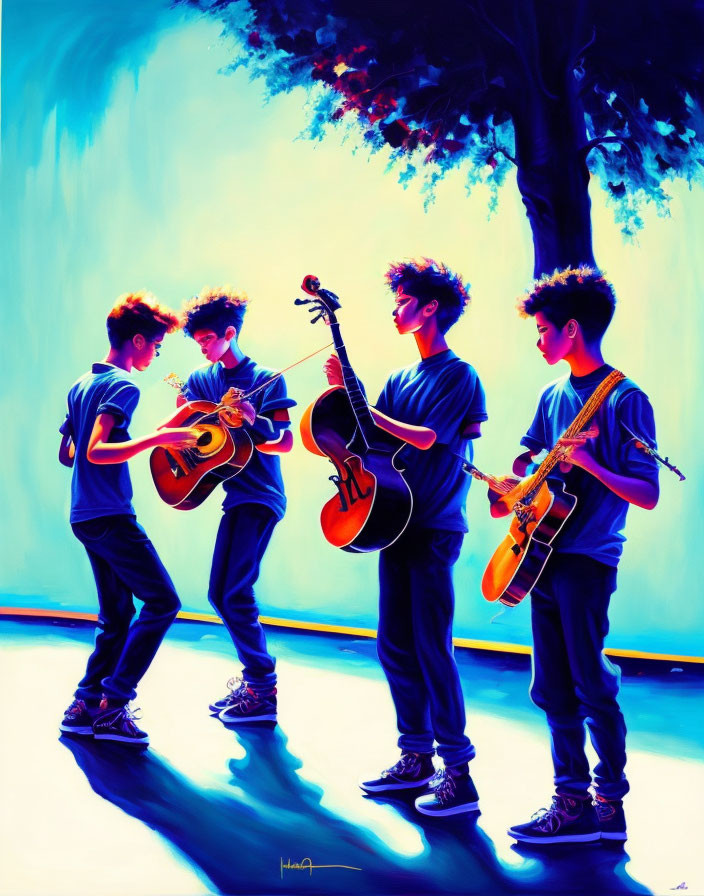 Silhouetted band members with guitars and bass on blue backdrop