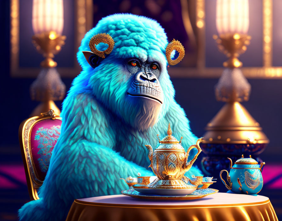 Blue-Furred Gorilla with Golden Tea Set in Luxurious Setting