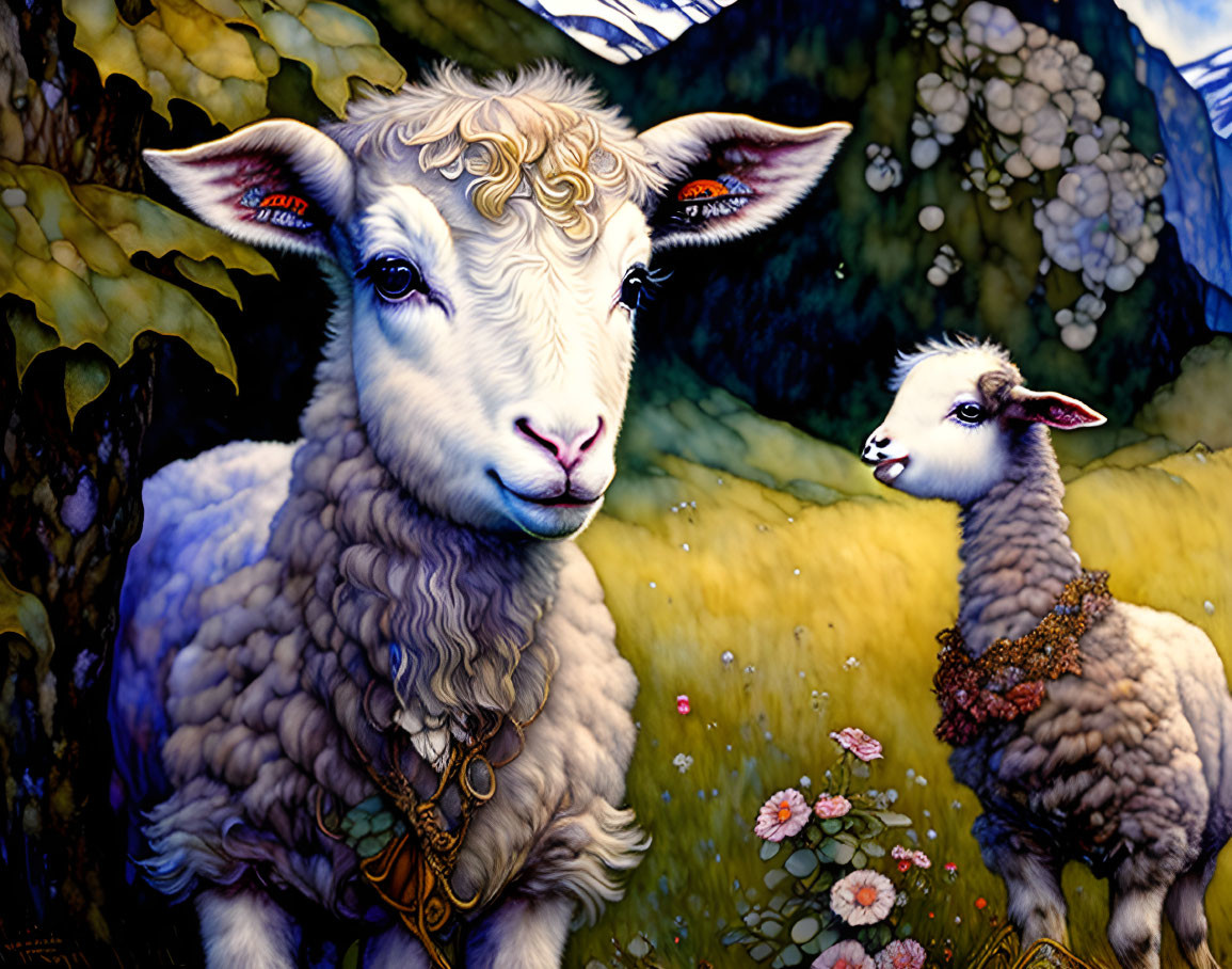 Stylized lambs in vibrant floral landscape, one gazes at viewer