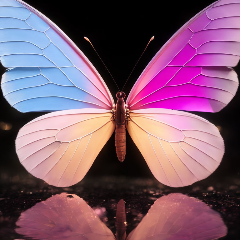 Iridescent Butterfly with Blue-to-Pink Gradient Wings on Reflective Surface